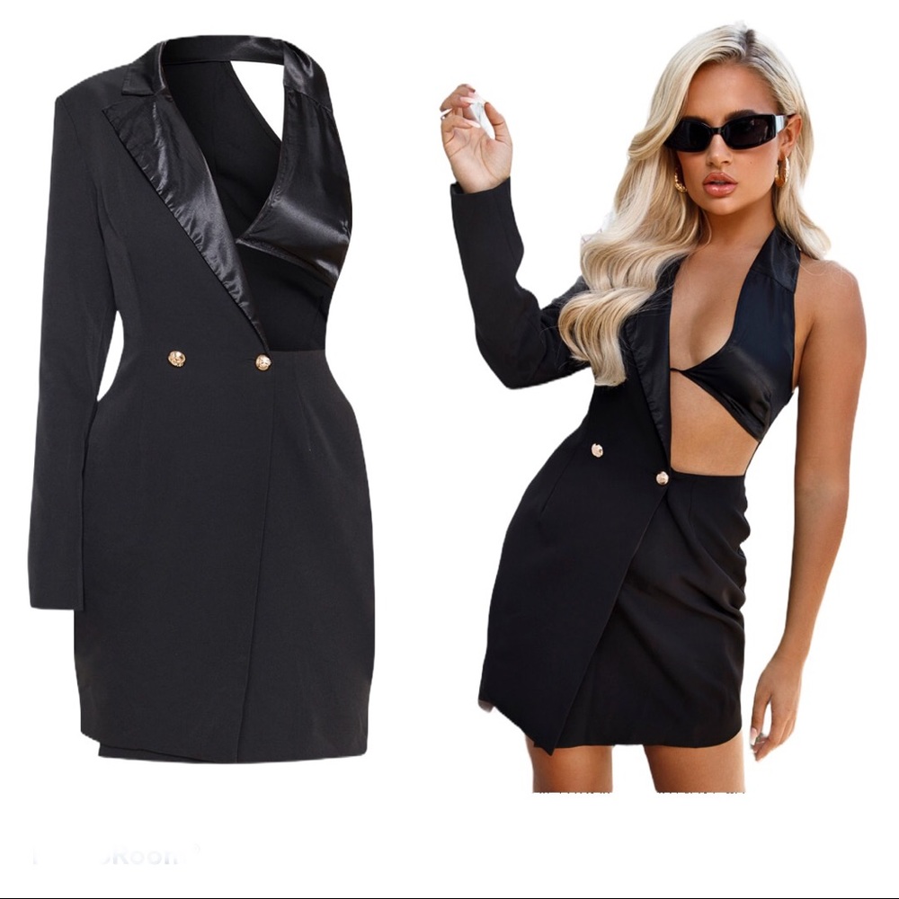 Black One Shoulder Satin & Gold Button Dress. S-2